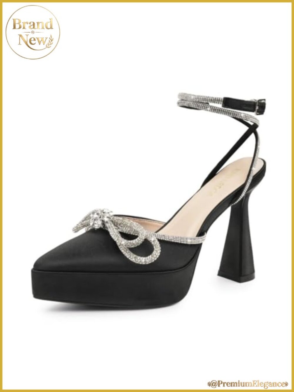Satin Platform Heeled Sandals with Crystal Bow Ankle Strap